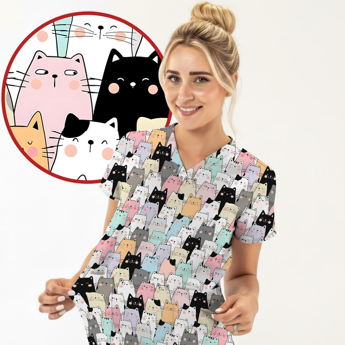 Cartoon Cat Crowd Nurse Scrub Top