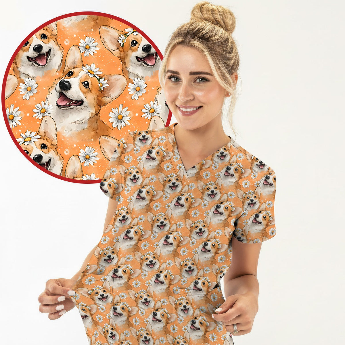 Corgi Daisy Floral Orange Nurse Scrub Top