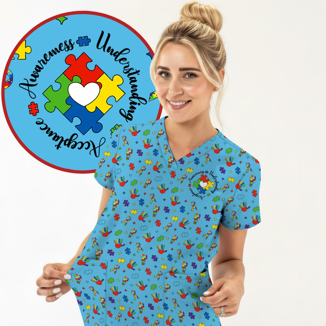 Autism Awareness Colorful Puzzle Nurse Scrub Top