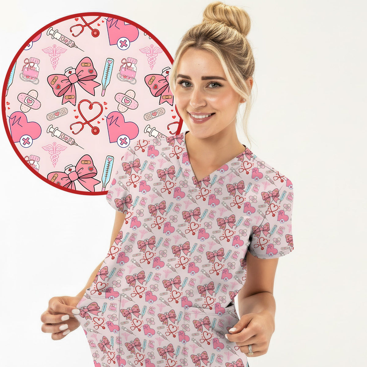 Pink Nurse Bow Heart Scrub Set
