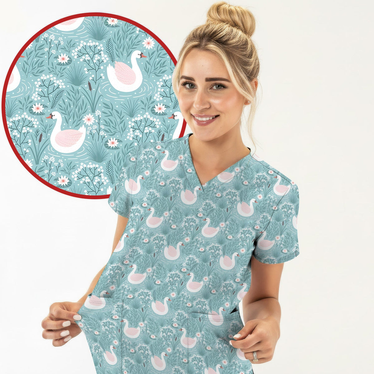 Sweet Swan Waterlily Garden Nurse Scrub Top