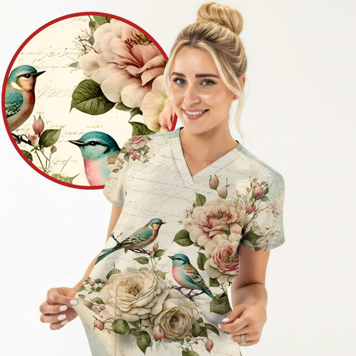 Vintage Birds Rose Nurse Scrub Top