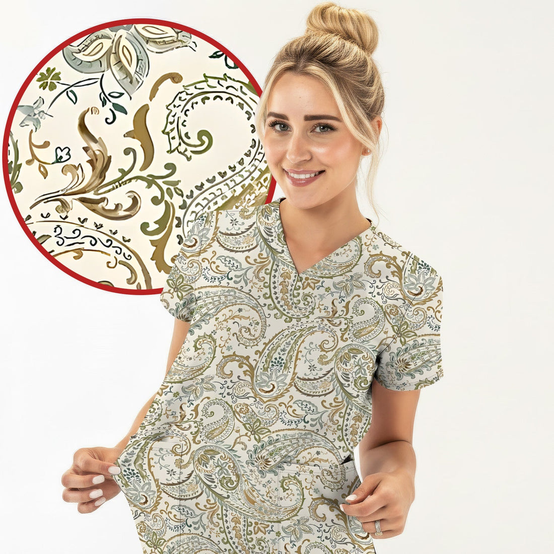 Elegant Sage Green Vintage Paisley Floral Vine Nurse Scrub Top