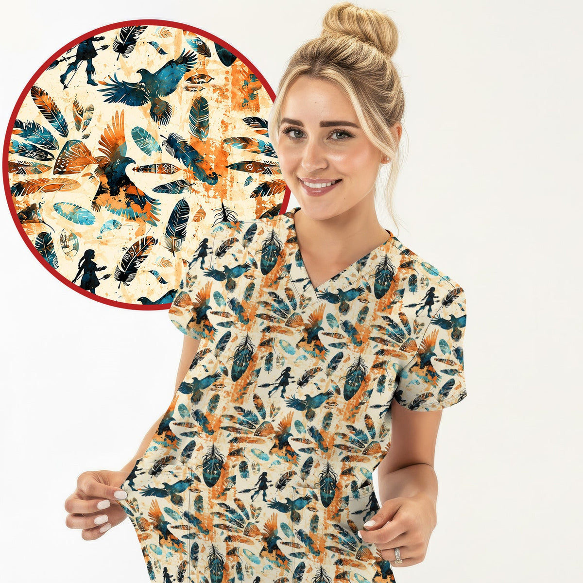 Feather Birds Tribal Nurse Scrub Top