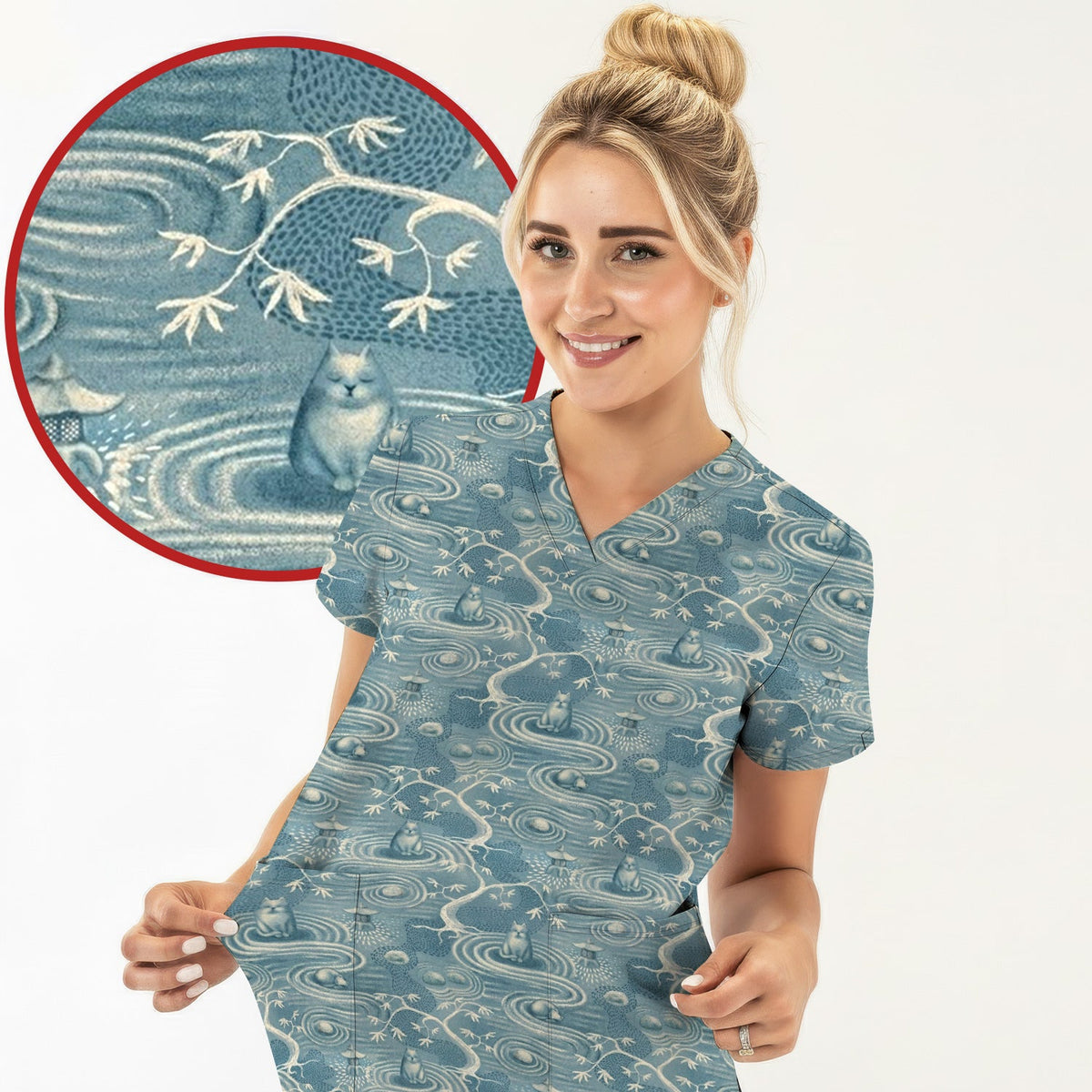 Zen Cat Water Garden Nurse Scrub Top