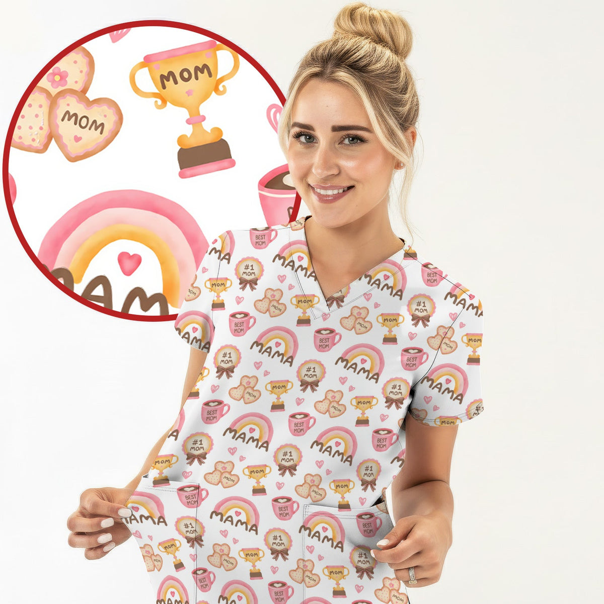 Sweet Nurse Mama Rainbow Trophy Heart Scrub Top