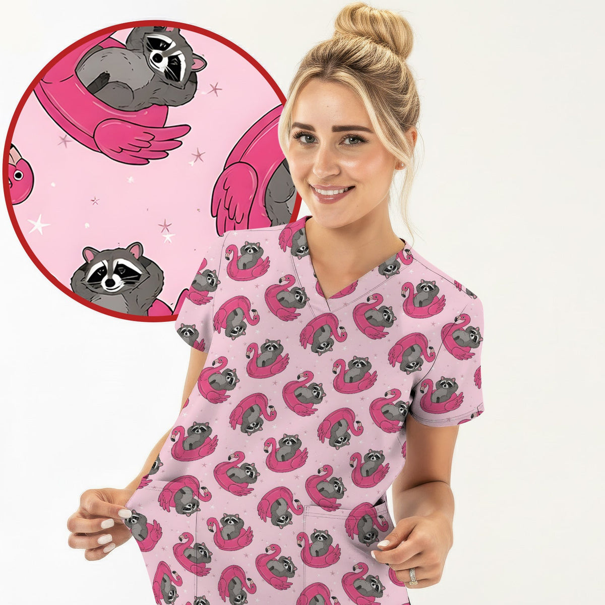 Raccoon Flamingo Float Nurse Scrub Top
