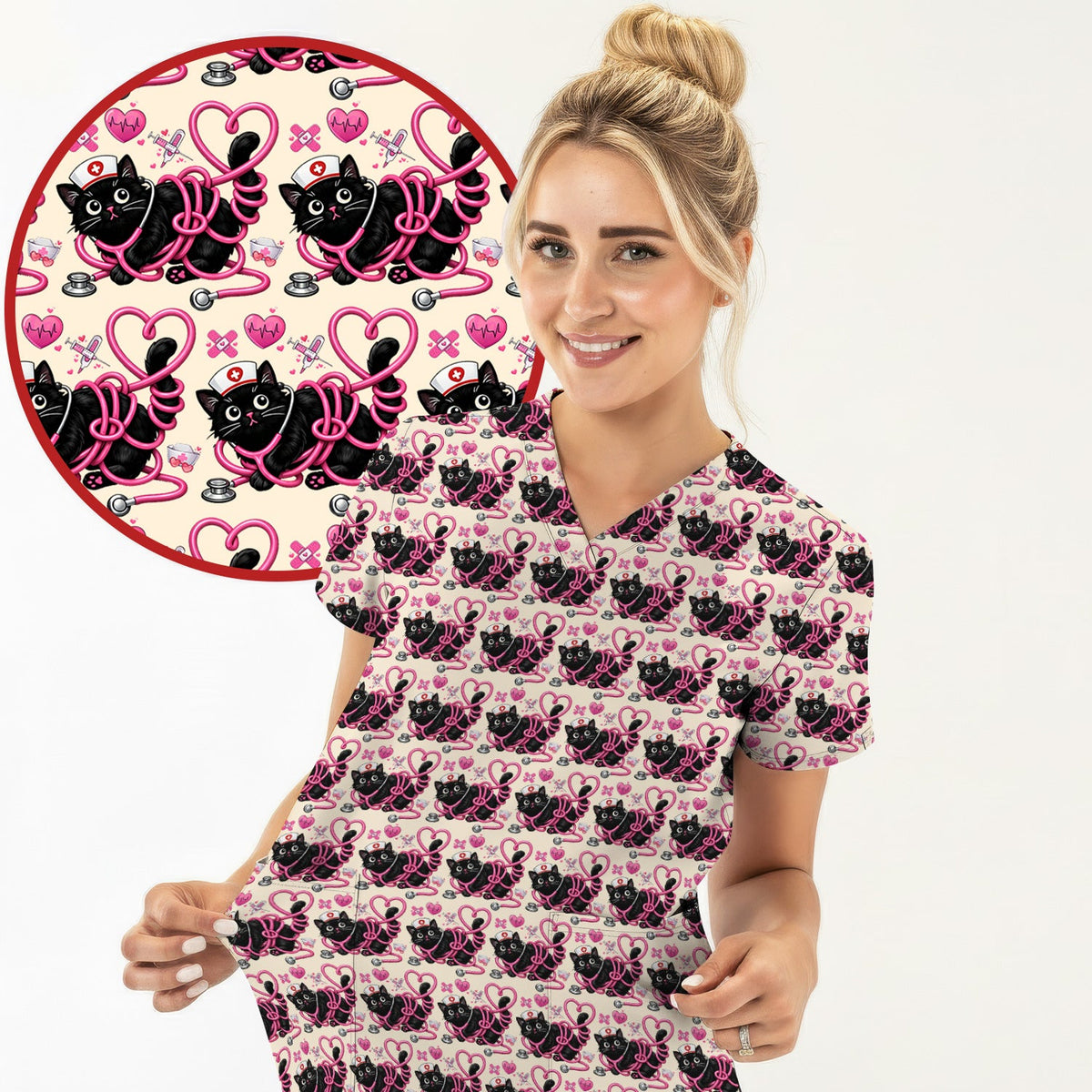 Valentine Cat Nurse Heart Scrub Top