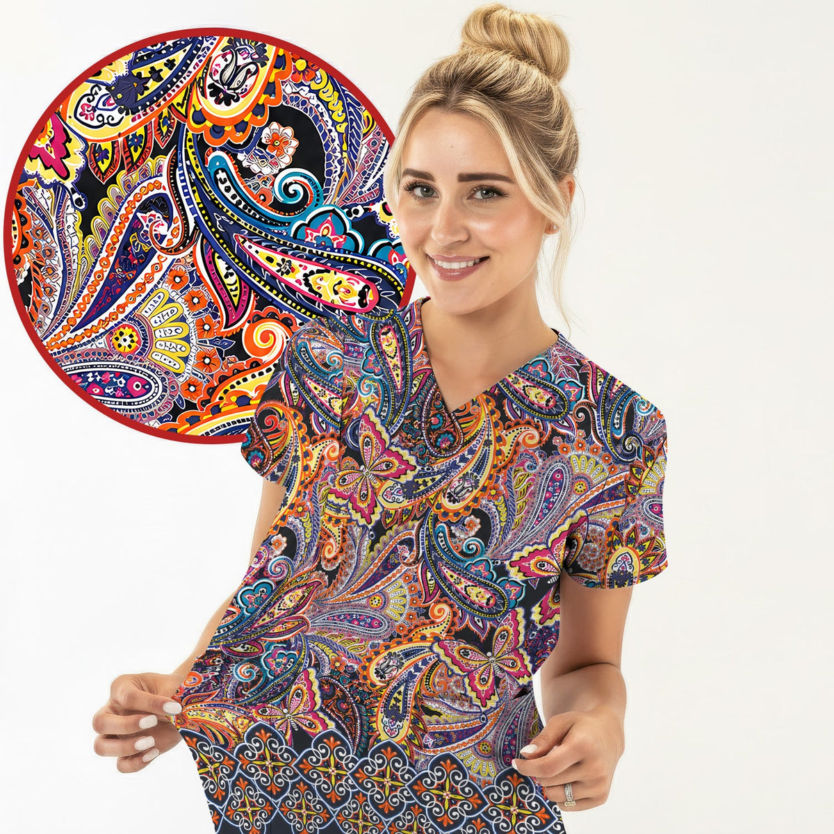 Colorful Bohemian Paisley Floral Nurse Scrub Top