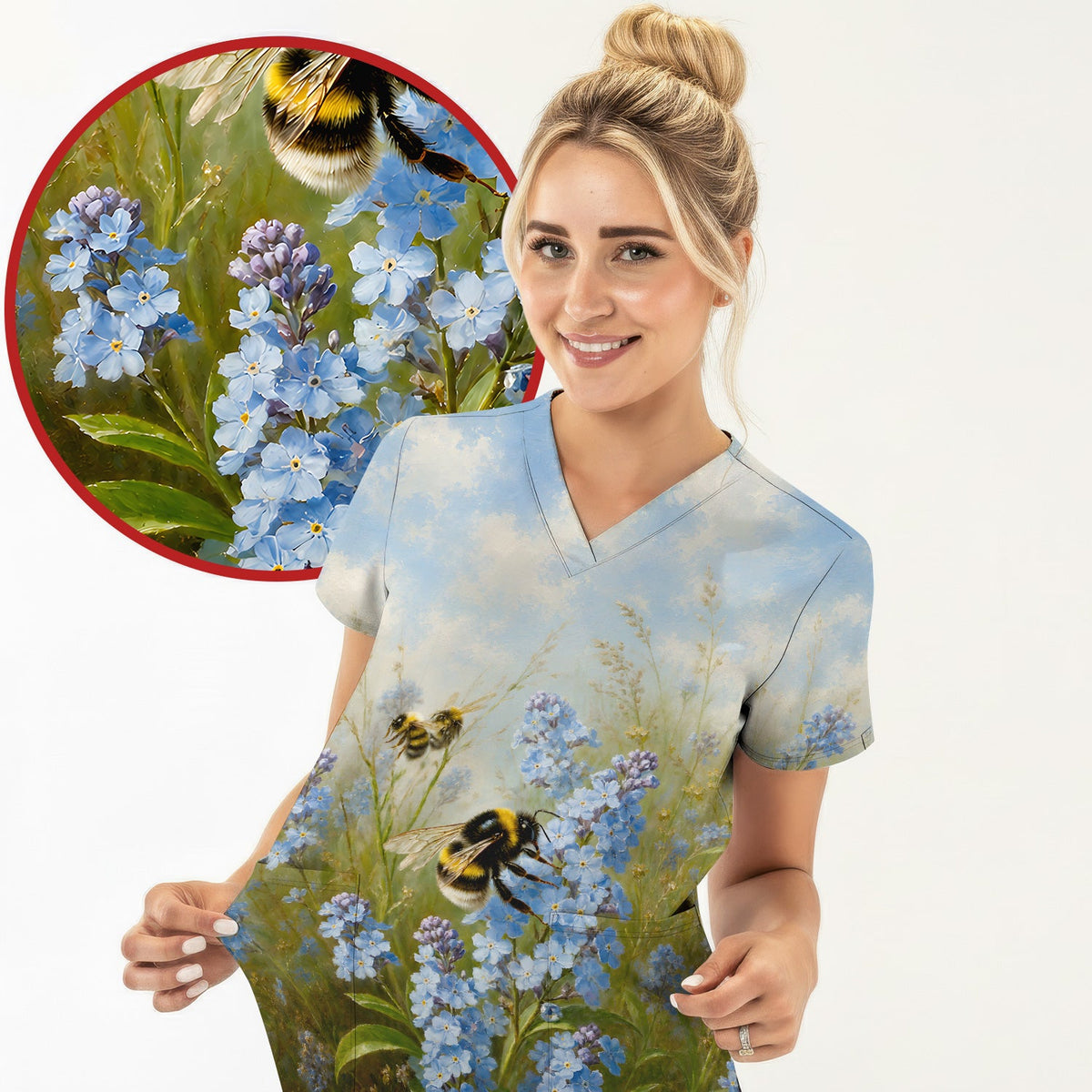 Whimsical Bumblebee Blue Blossom Nurse Scrub Top