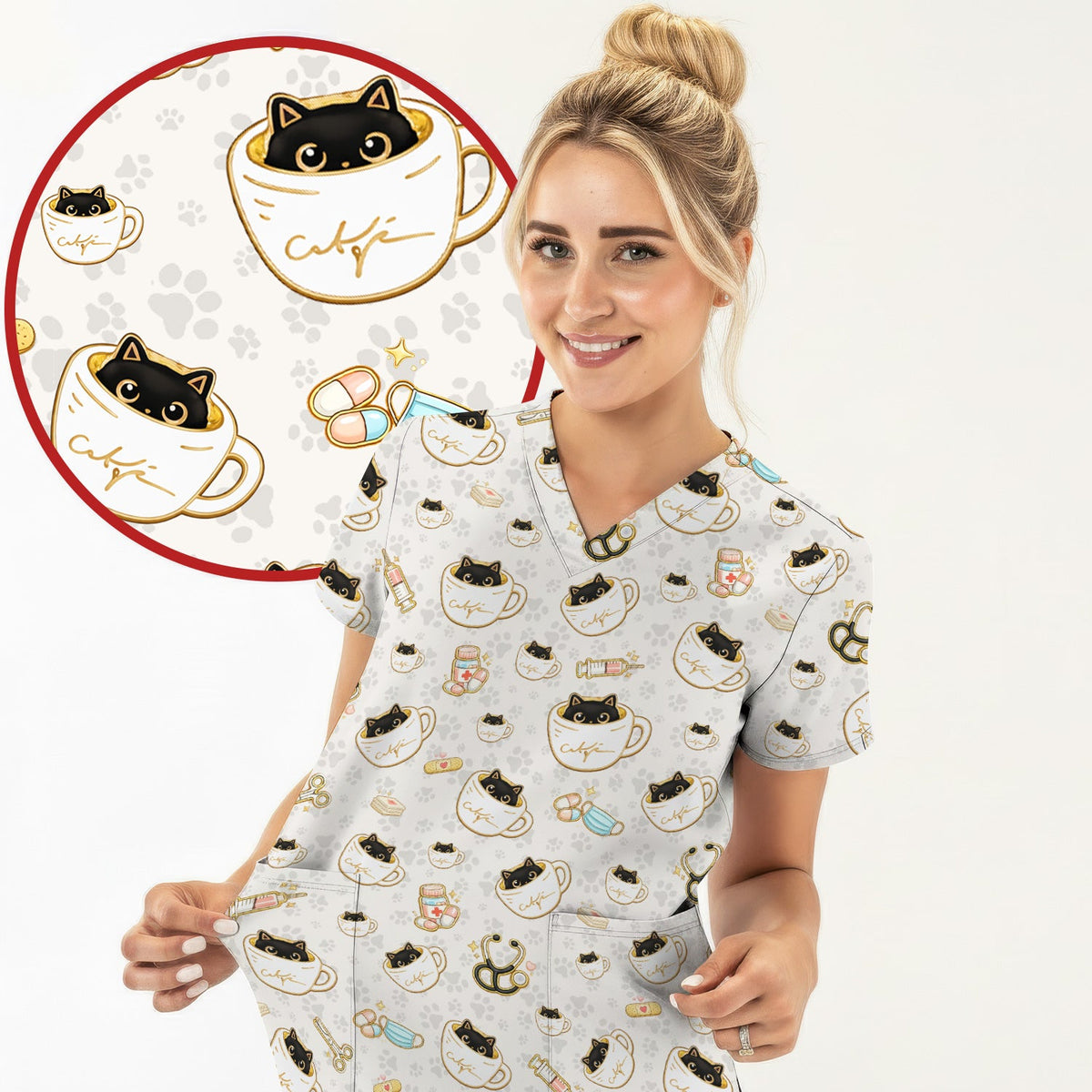 Coffee Cat Nurse Scrub Set