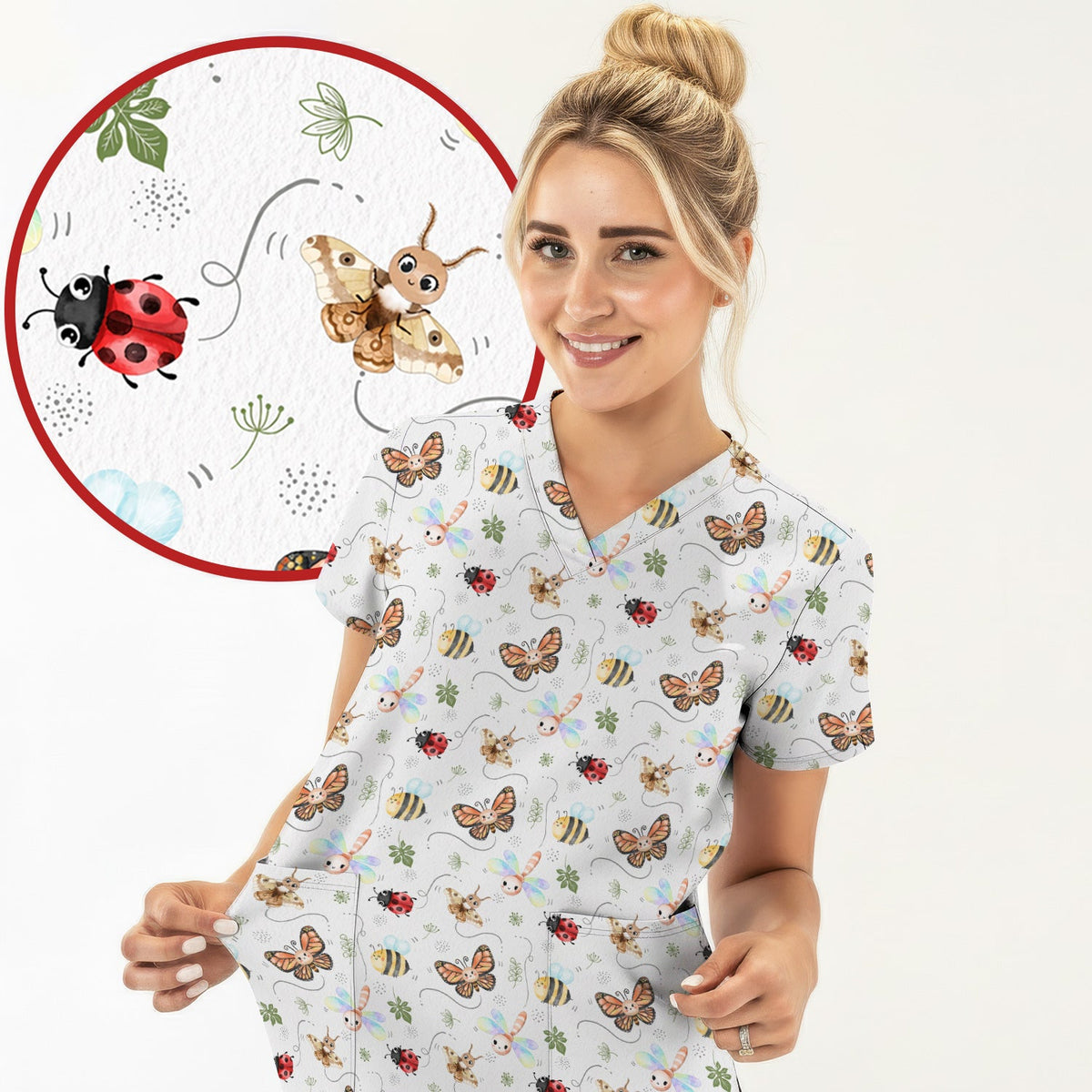 Colorful Garden Insect Nurse Scrub Top