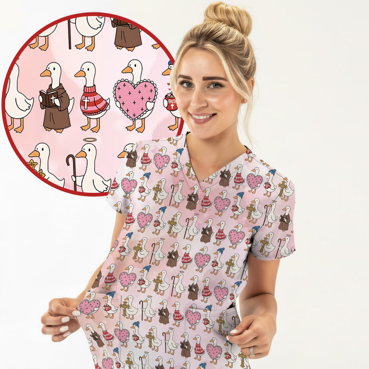 Goose Heart Illustration Nurse Scrub Top - Valentines Day Gift