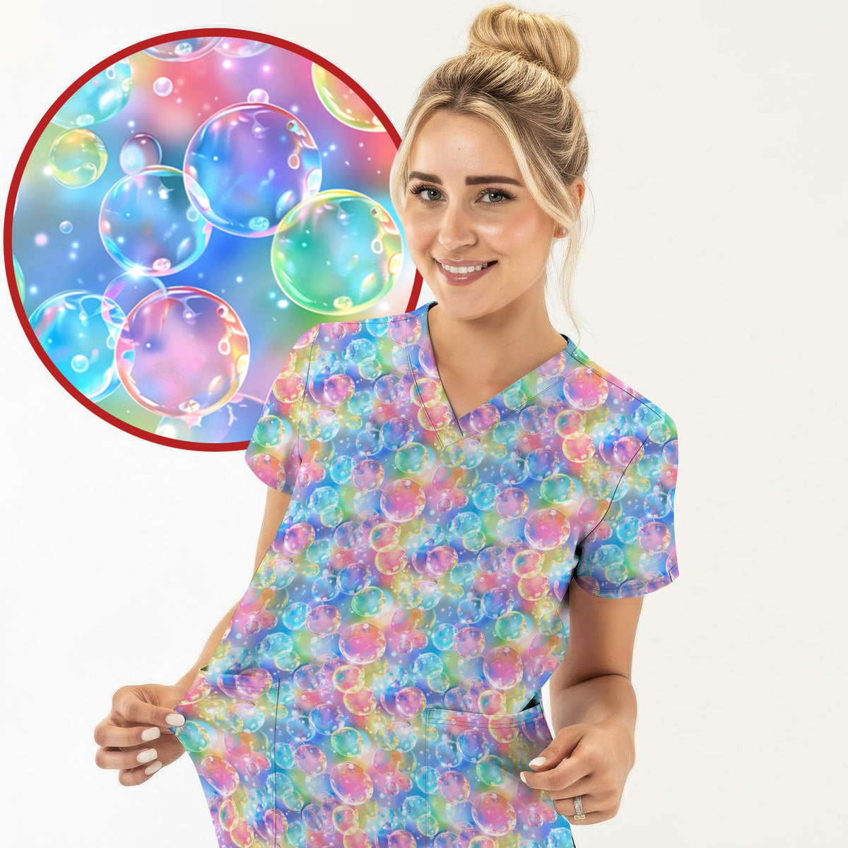Colorful Floating Soap Bubble Nurse Scrub Top