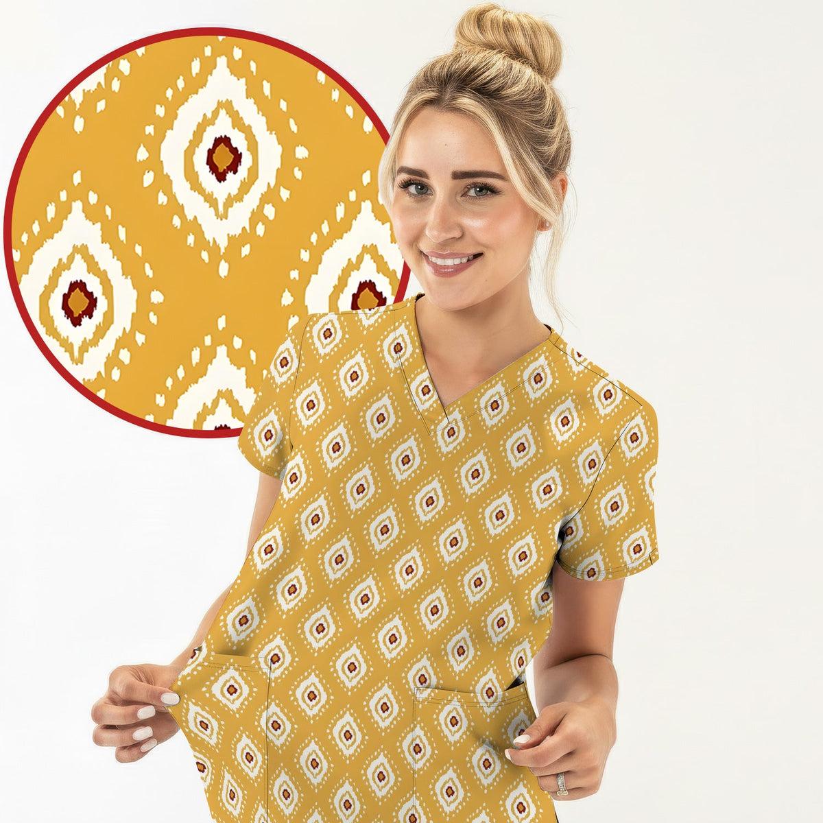 Mustard Geometric Ikat Nurse Scrub Top