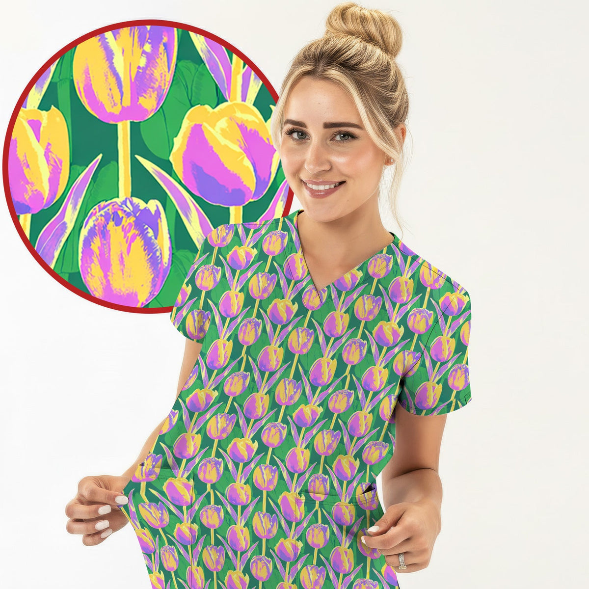 Colorful Tulip Floral Nurse Scrub Top