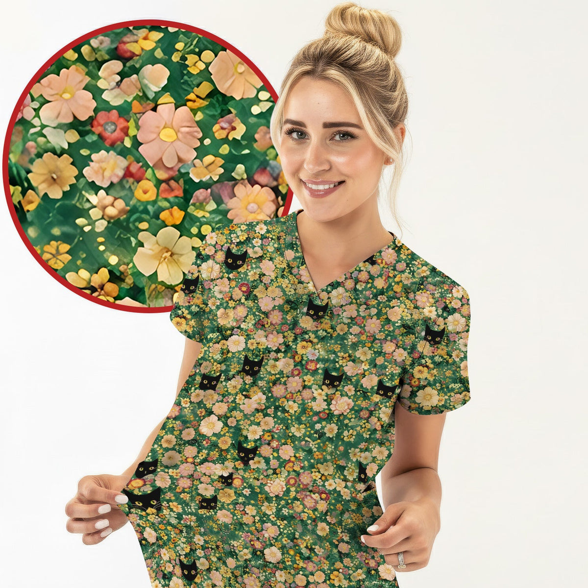 Cute Black Cat Floral Garden Nurse Scrub Top