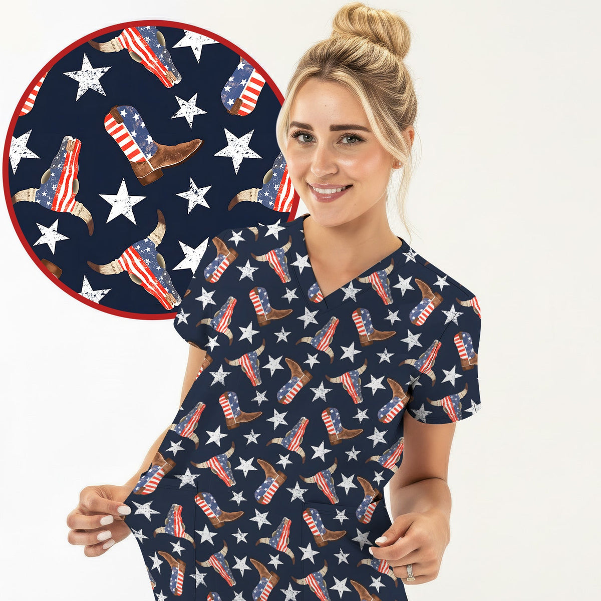 Western Boots Stars Nurse Scrub Top