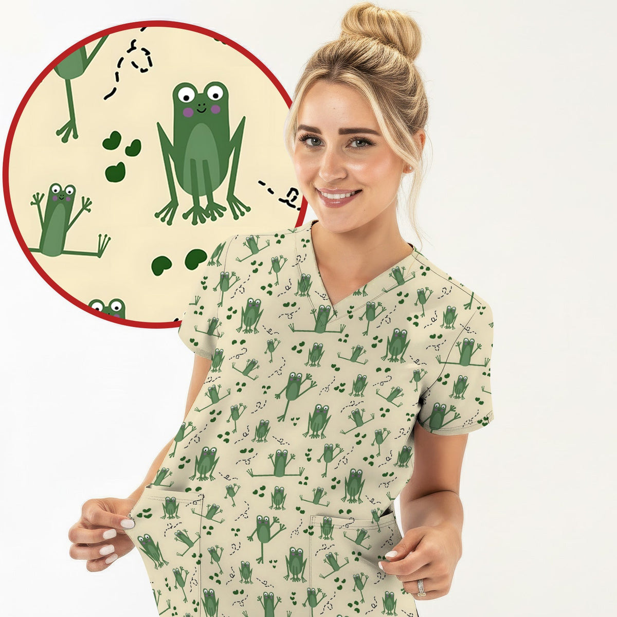 Frog Jumping Footprint Trail Nurse Scrub Top
