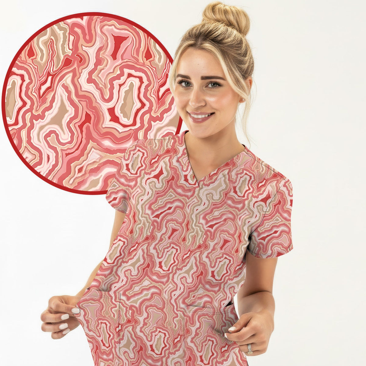 Pink Marble Swirl Nurse Scrub Top