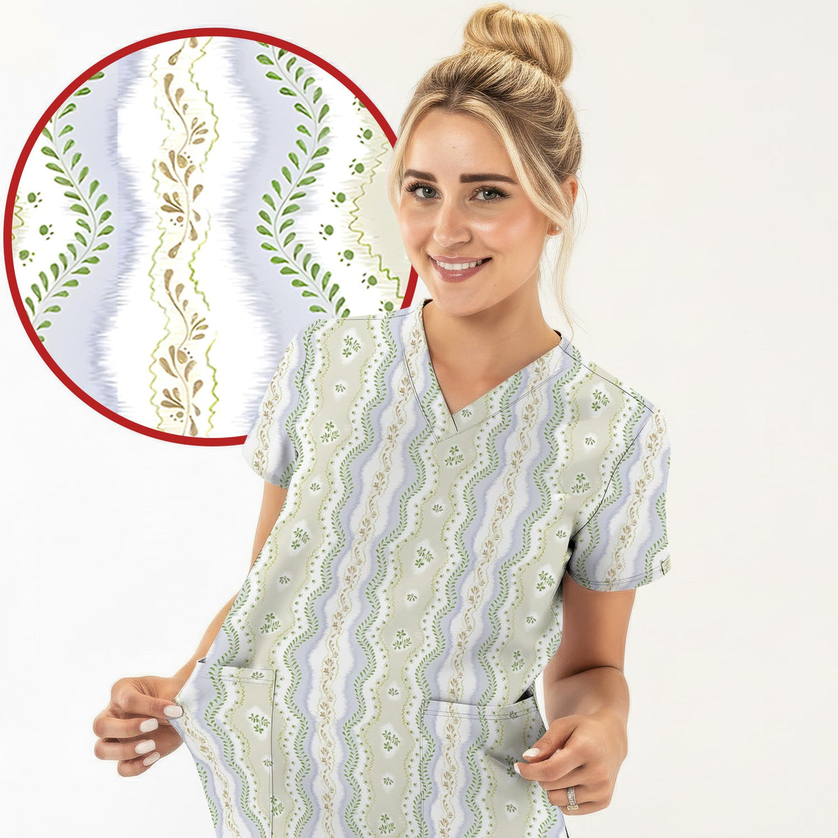 Wavy Stripe Botanical Nurse Scrub Top