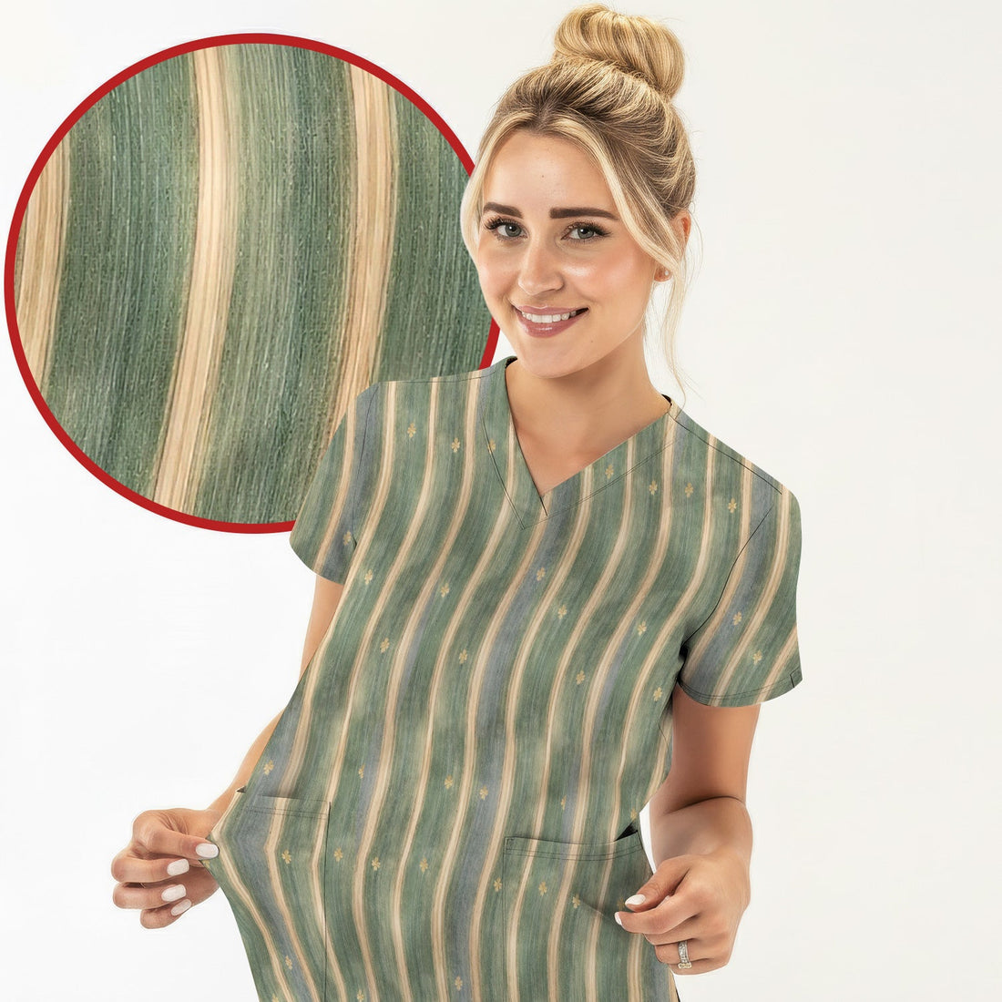 Nurse Green Vertical Stripe Floral Scrub Top