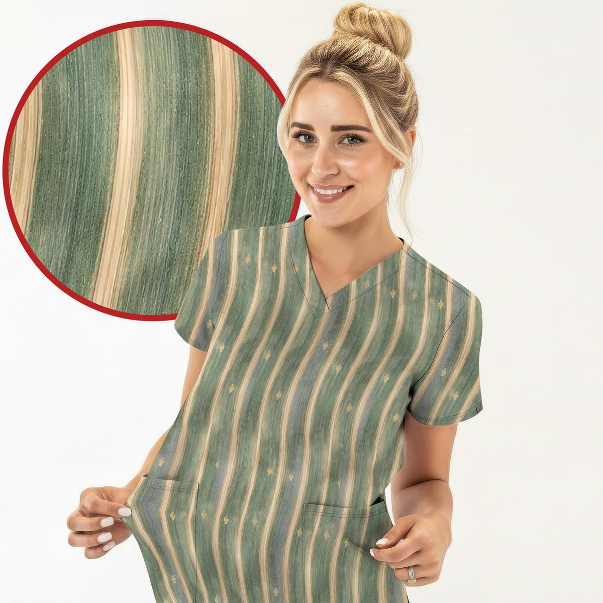 Nurse Green Vertical Stripe Floral Scrub Top