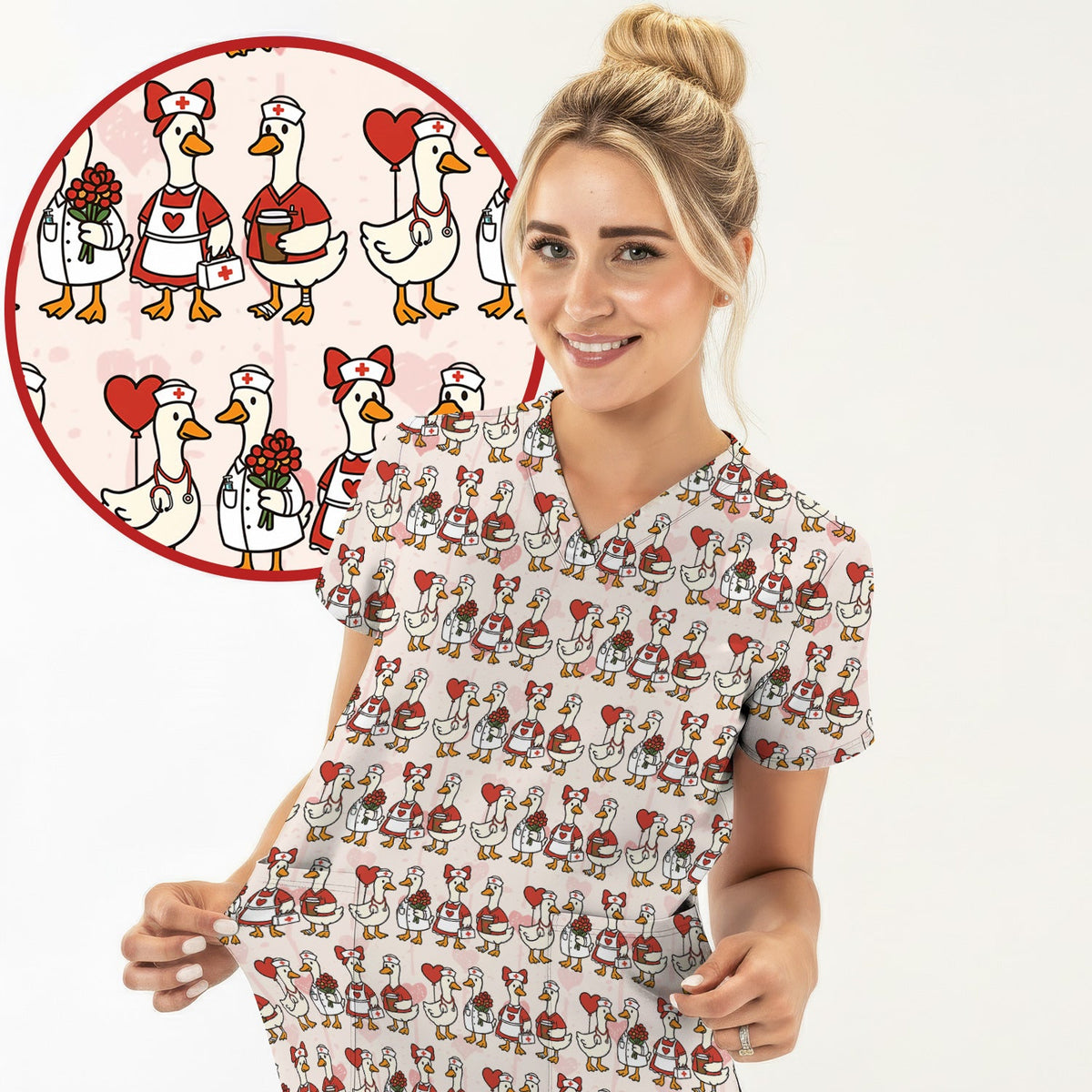 Valentine Nurse Goose Scrub Top