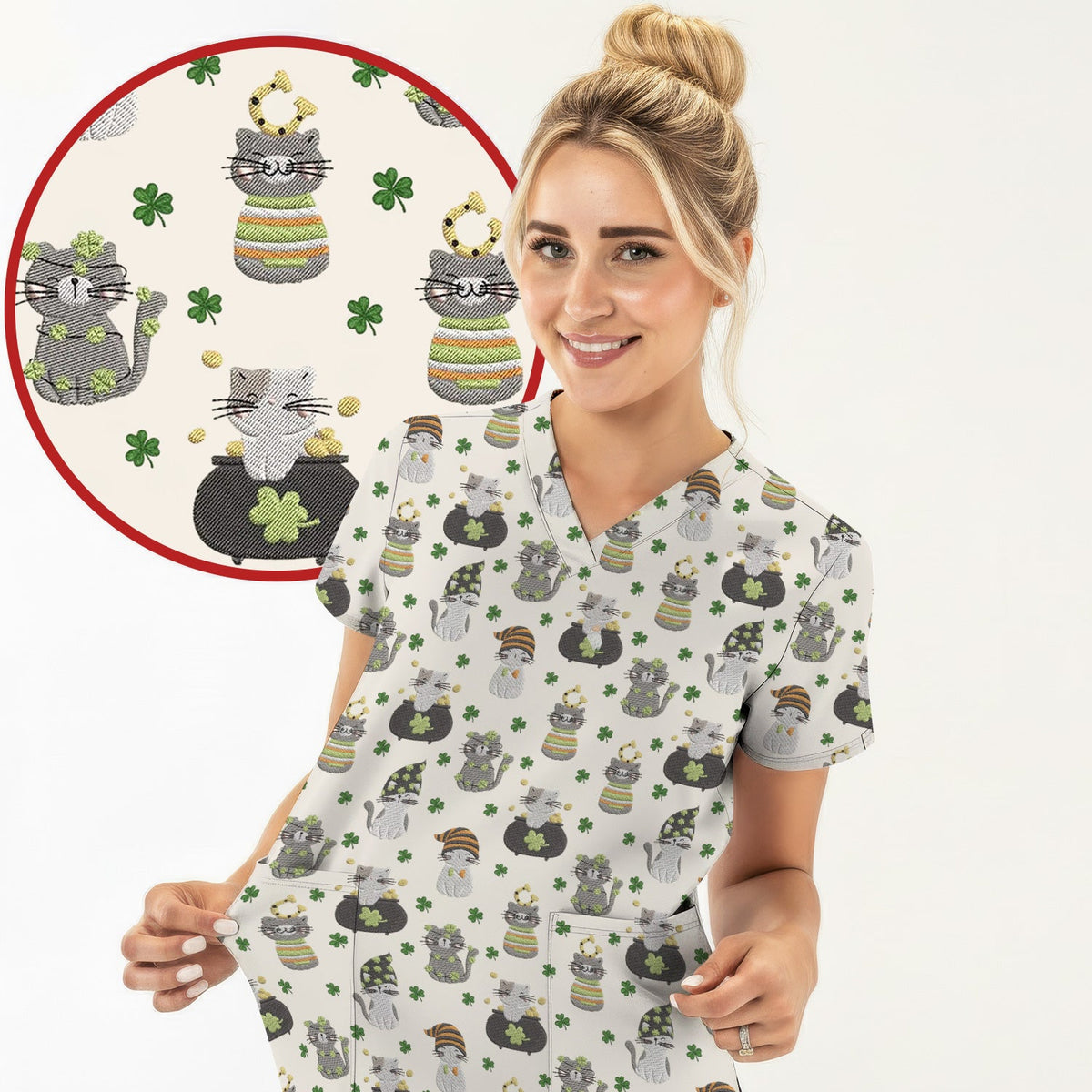 St Patrick Lucky Cat Shamrock Nurse Scrub Top
