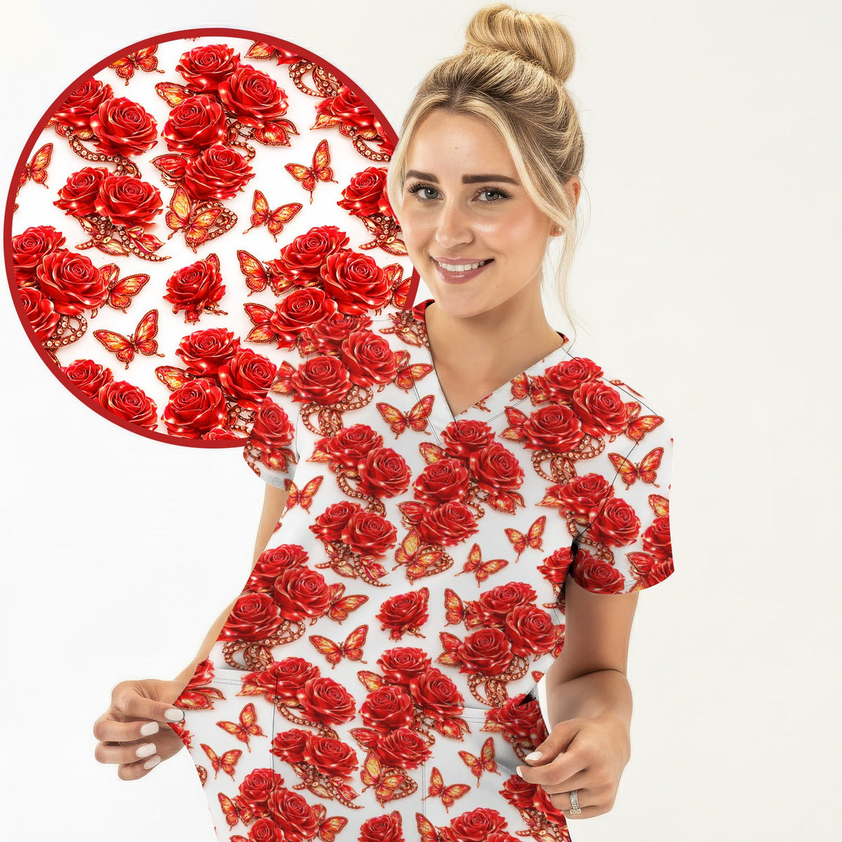 Red Rose And Butterfly Nurse Scrub Top