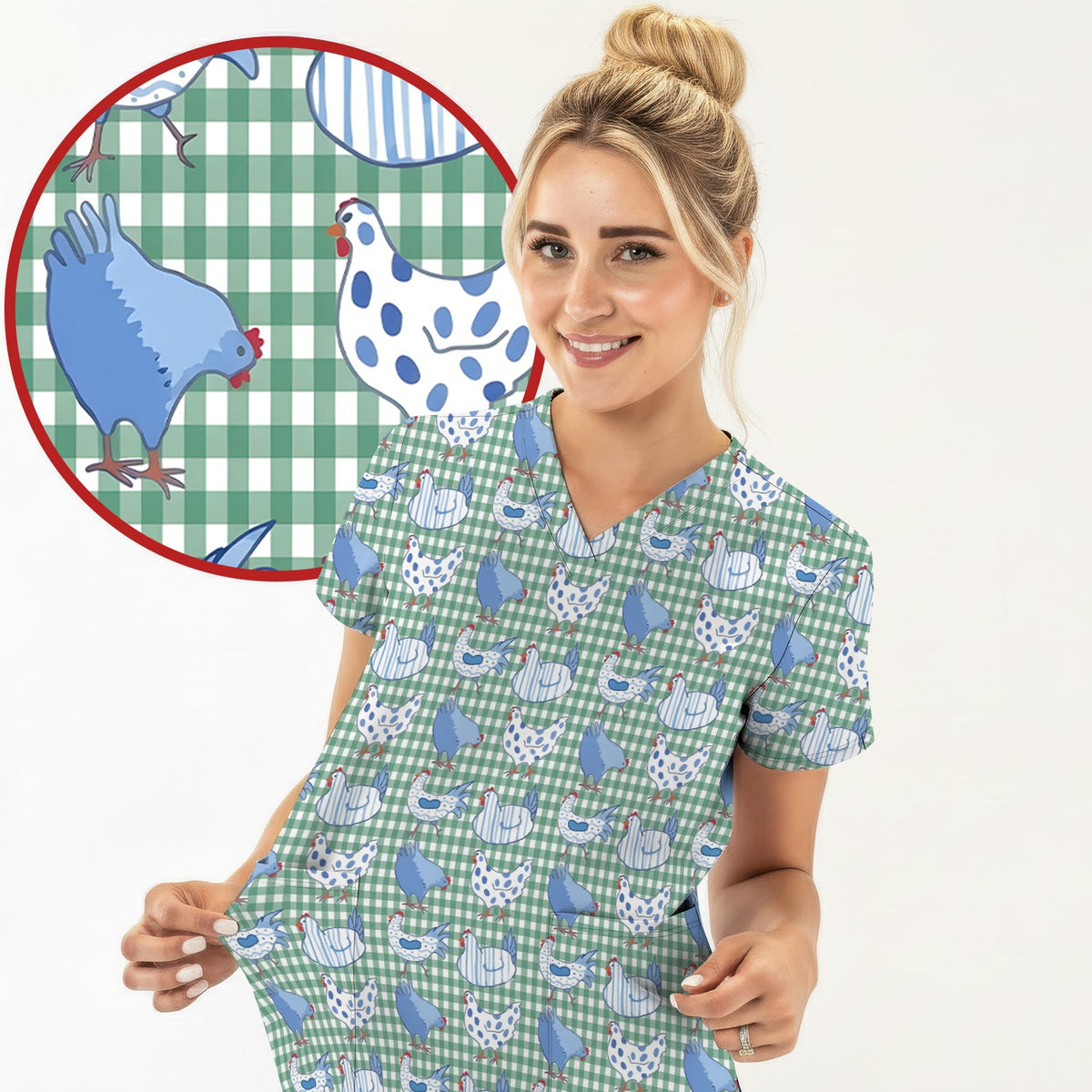 Blue Chicken Gingham Nurse Scrub Top
