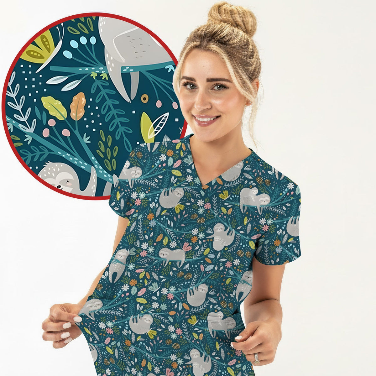 Sloth Jungle Leaf Nurse Scrub Top