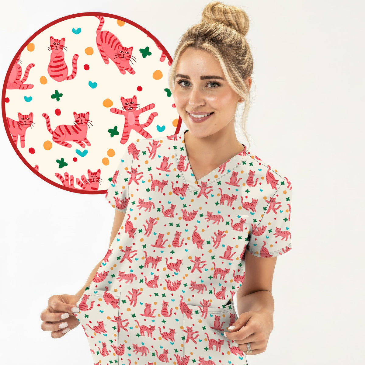 Pink Cat Nurse Scrub Set