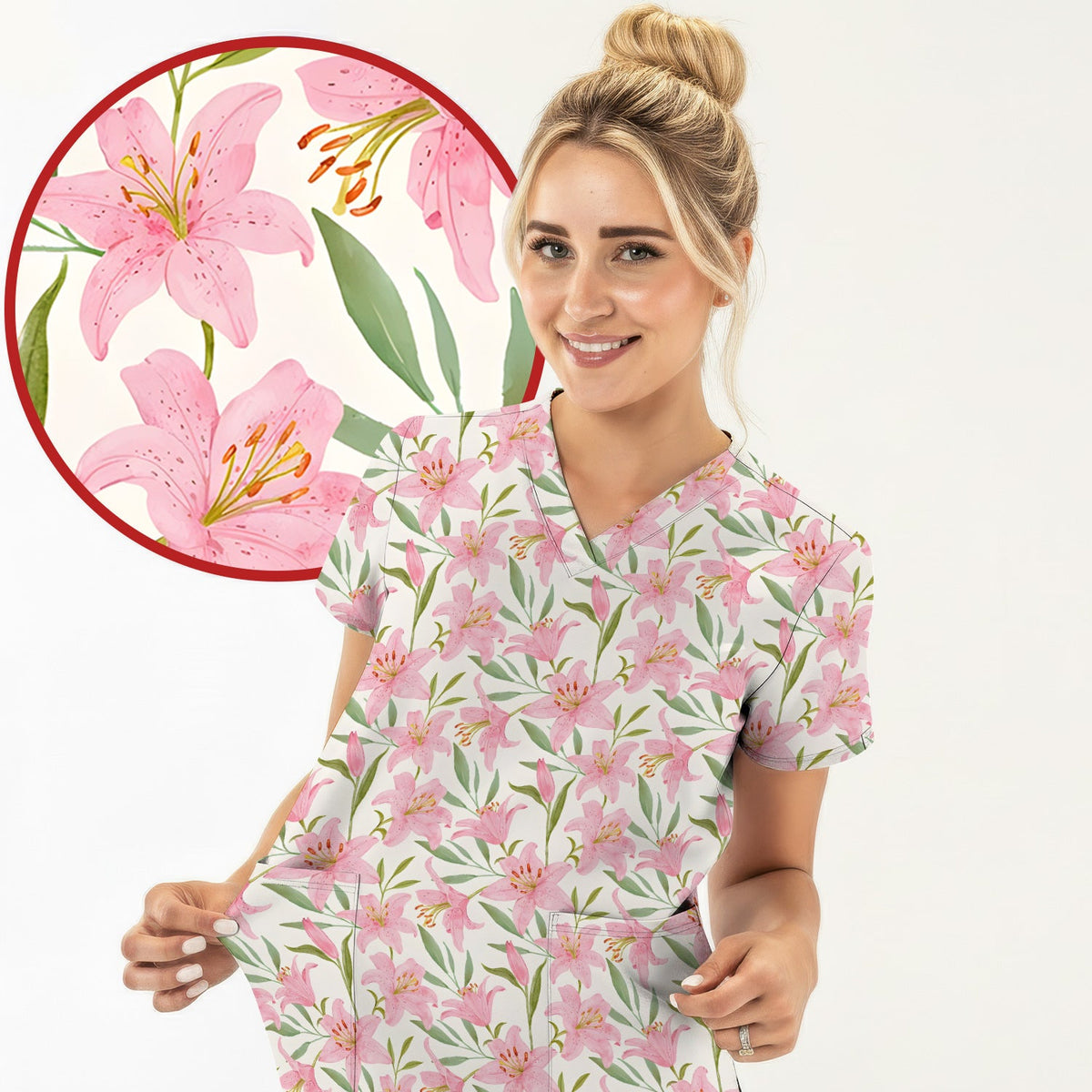 Pink Lily Floral Nurse Scrub Top