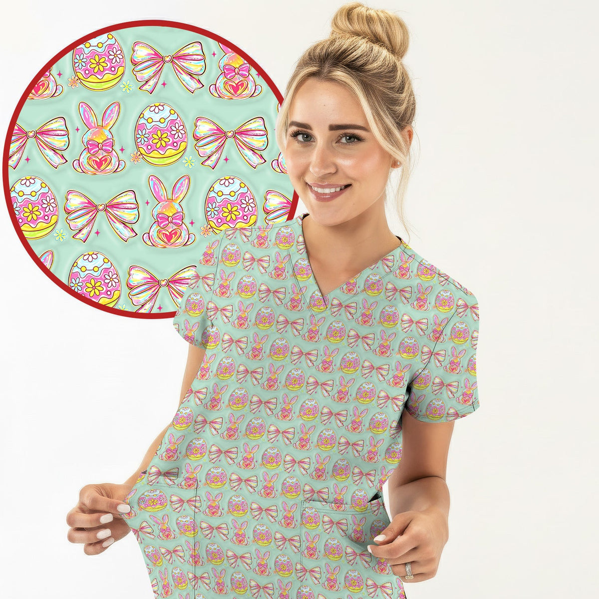 Bunny Pastel Egg Bow Nurse Scrub Top - Easter Gift