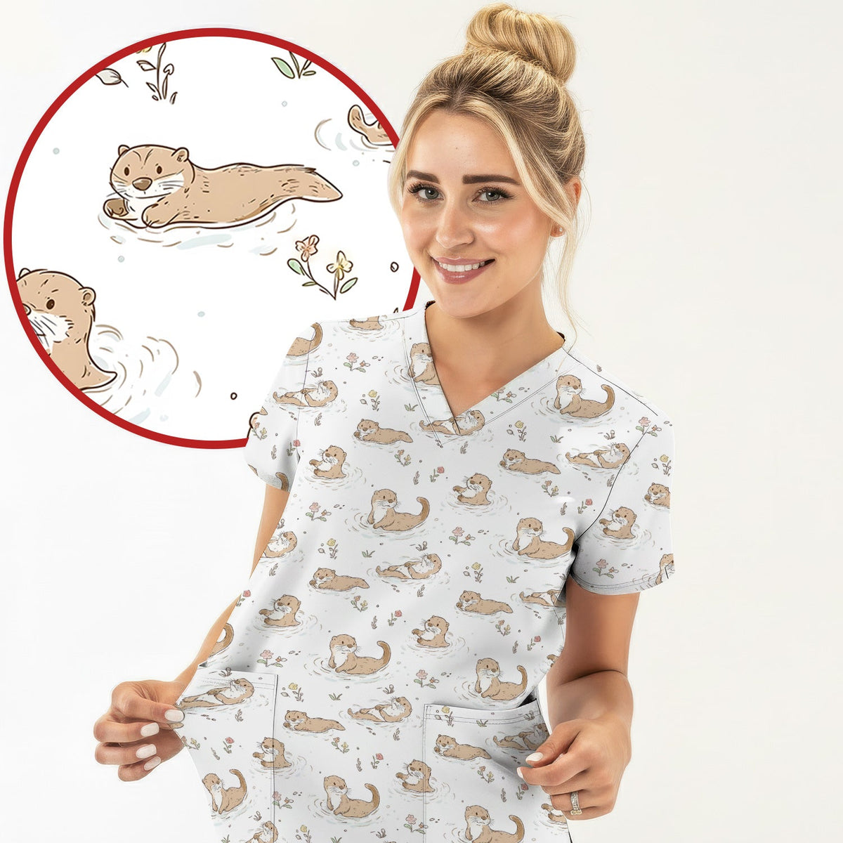 Otter Swimming Floating Water Nurse Scrub Top