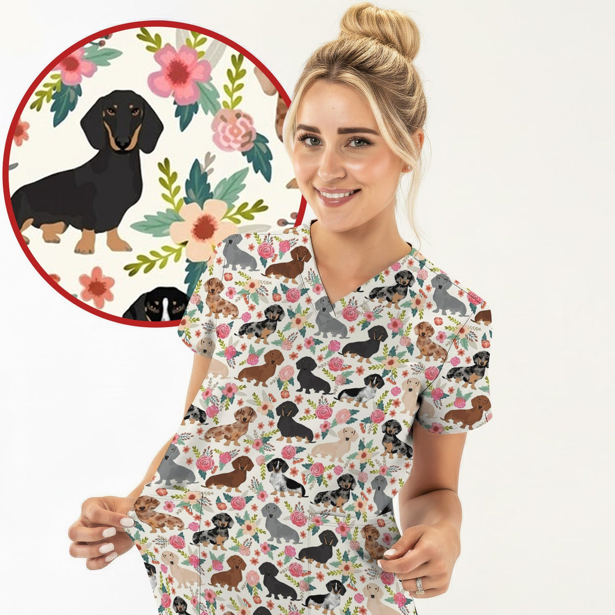 Adorable Dachshund Floral Pattern Scrub Top, Comfortable Scrubs For Nurses