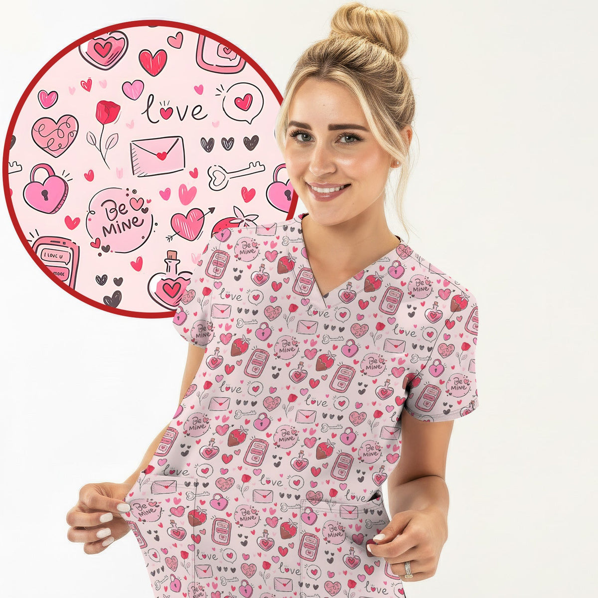 Be Mine Pink Heart Valentine Nurse Scrub Top
