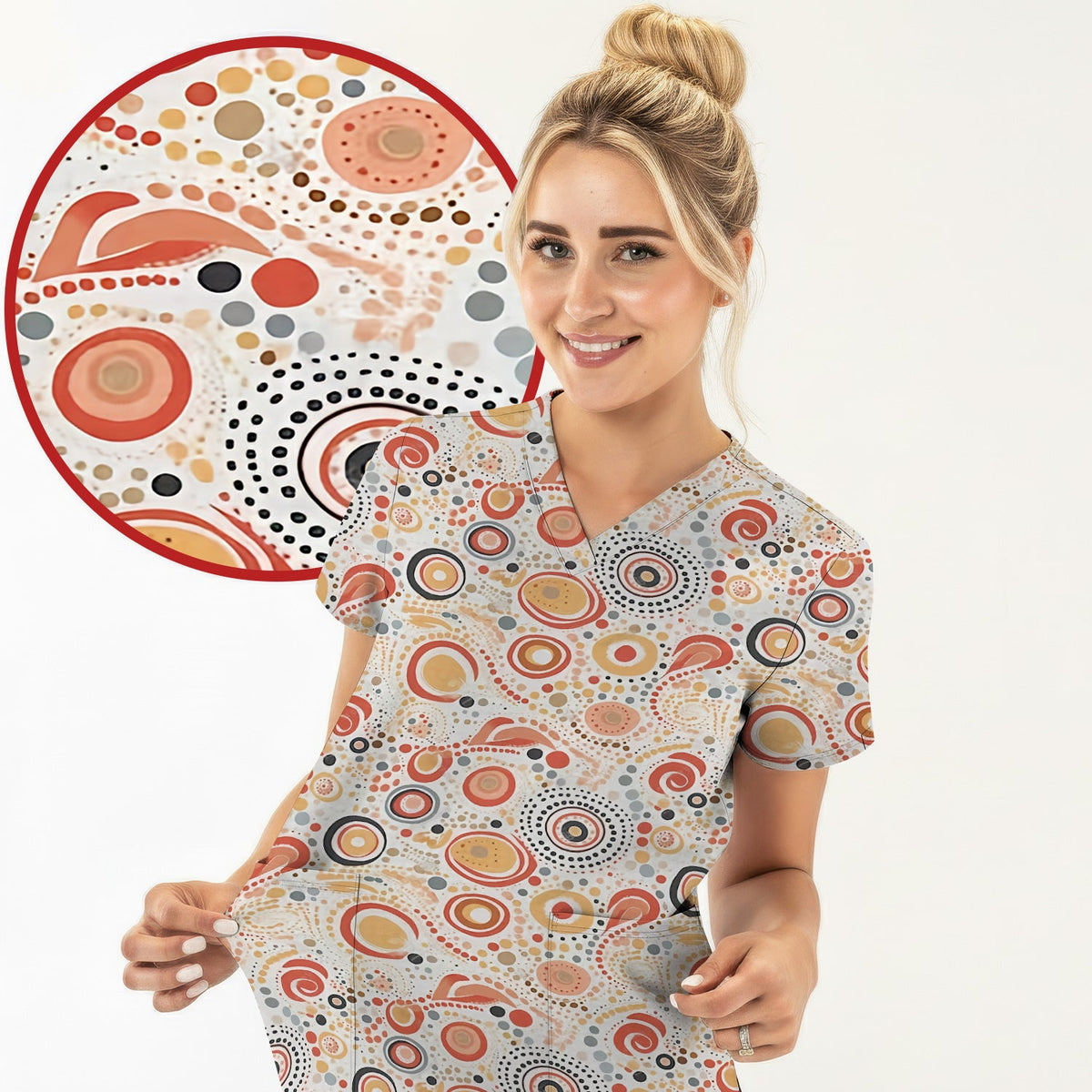 Abstract Earth Tone Dot Circle Pattern Scrub Set, Breathable Med Uniform