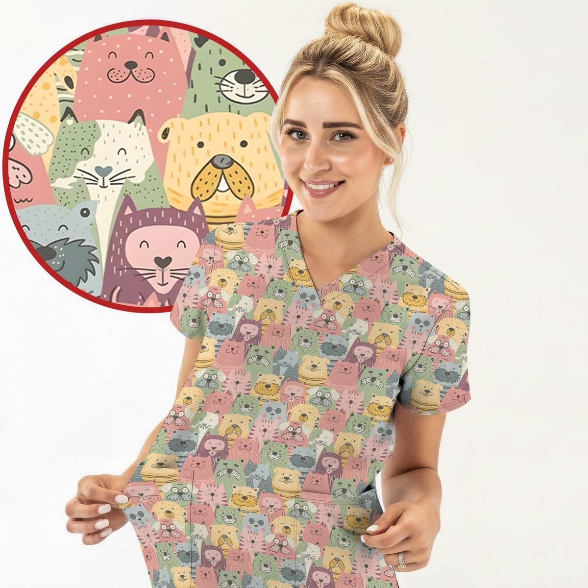 Cartoon Cat And Dog Faces Nurse Scrub Top