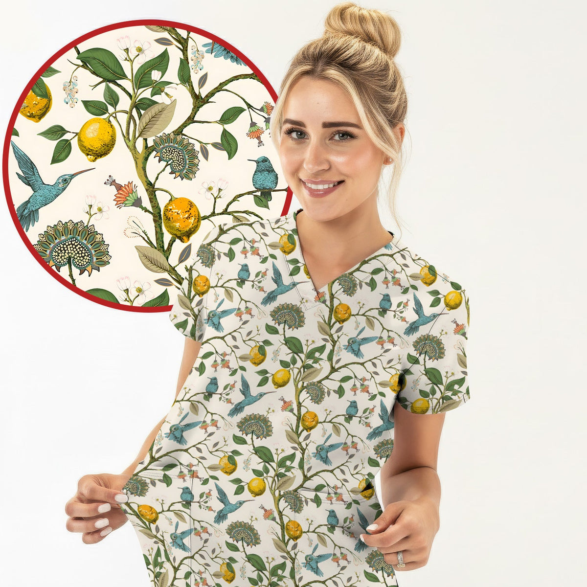 Hummingbird Lemon Floral Nurse Scrub Top