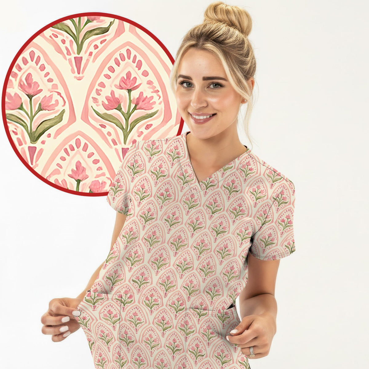Pink Tulip Floral Arch Nurse Scrub Top