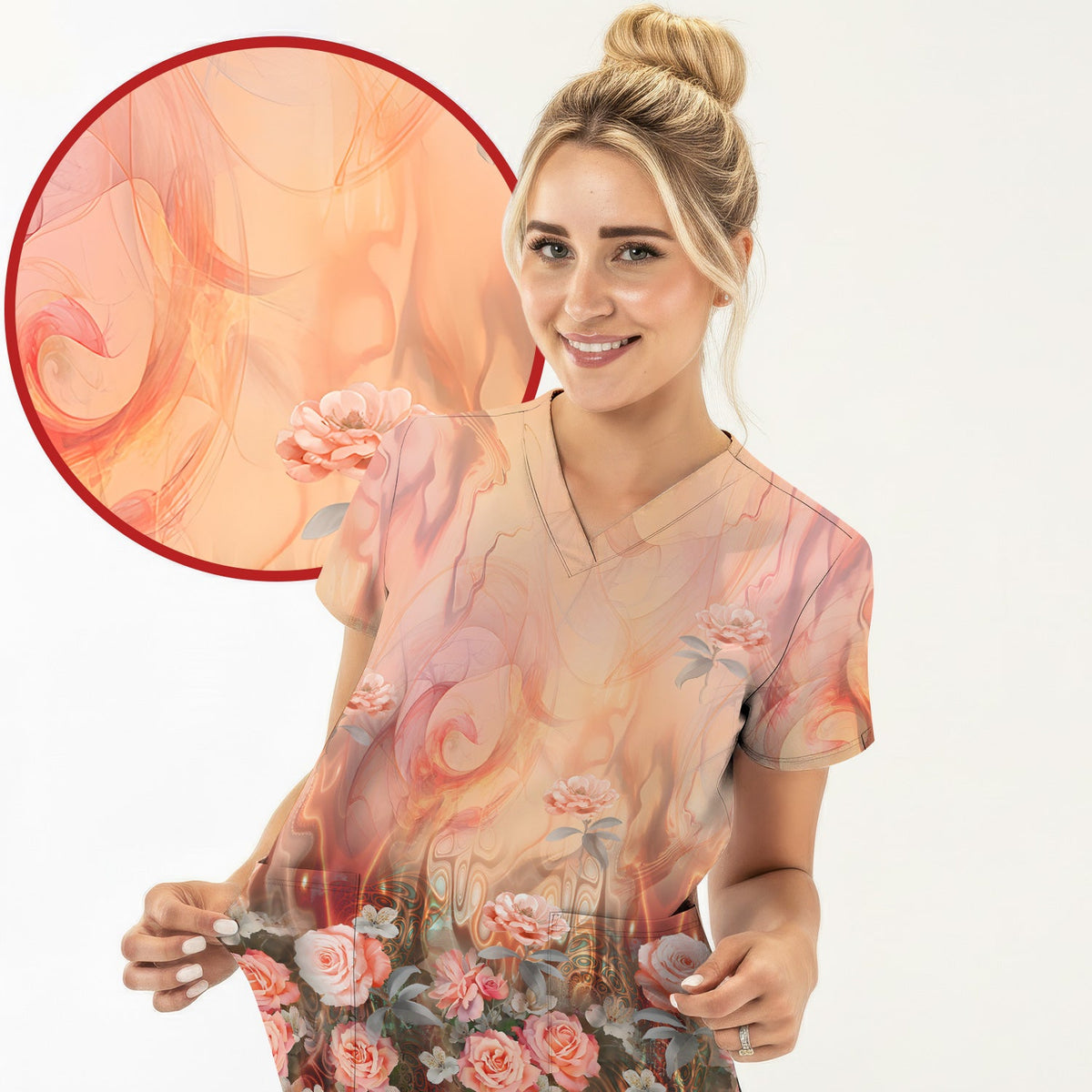 Elegant Peach Marble Rose Nurse Scrub Top