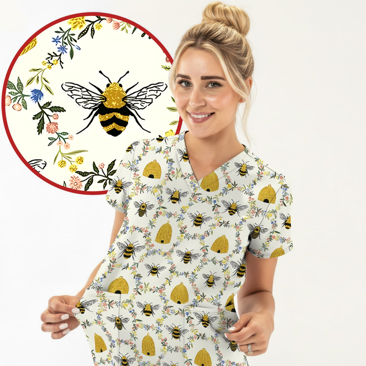 Honey Bee Beehive Floral Nurse Scrub Top