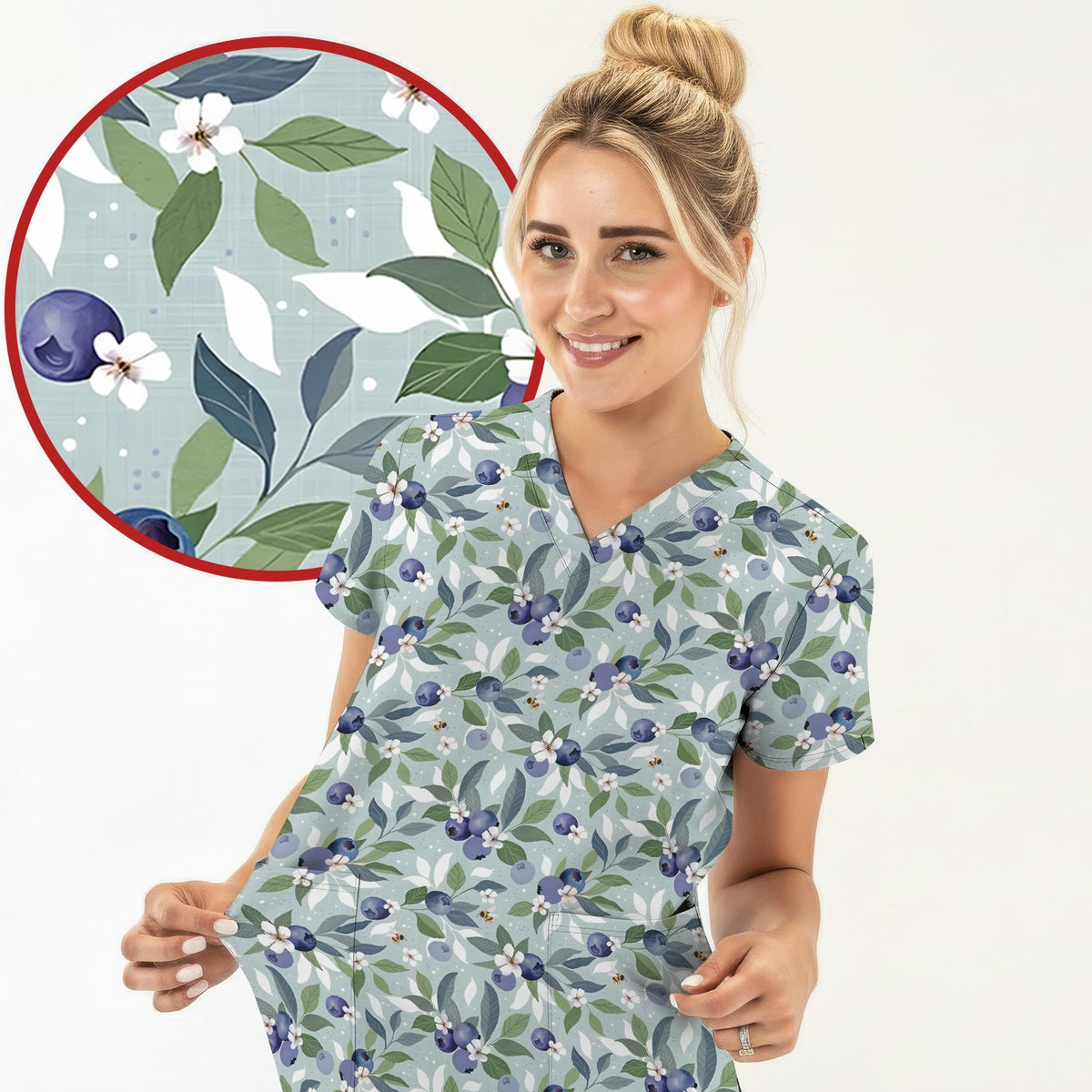Fresh Blueberry Blossom Garden Nurse Scrub Top