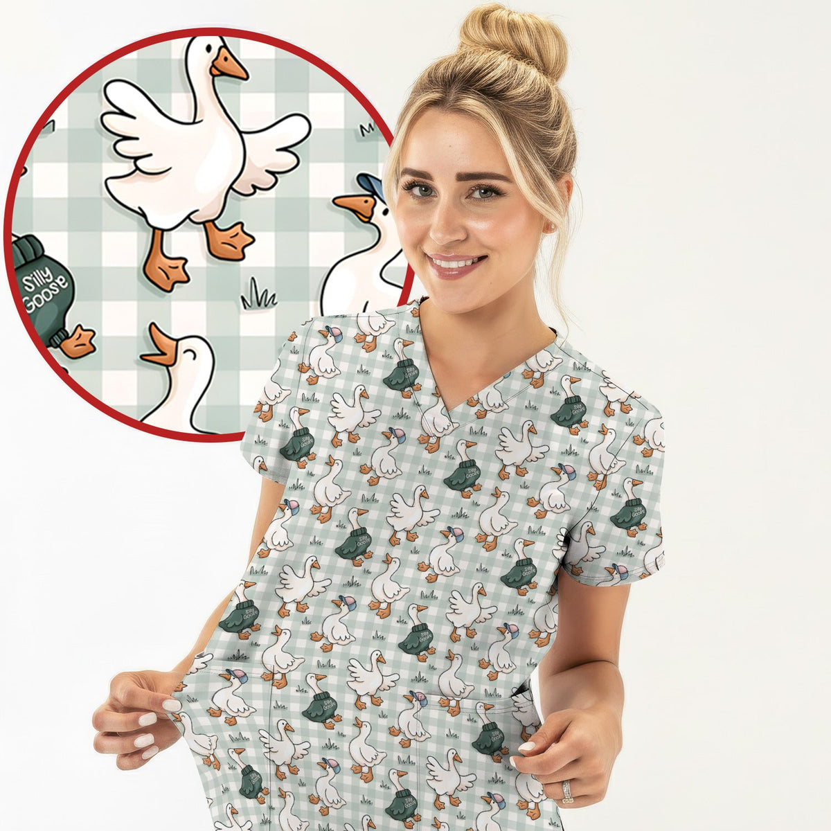 Goose Sweater Plaid Nurse Scrub Top