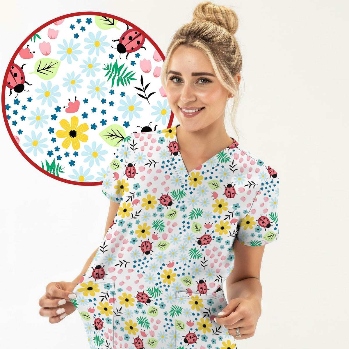 Ladybug Floral Garden Nurse Scrub Top