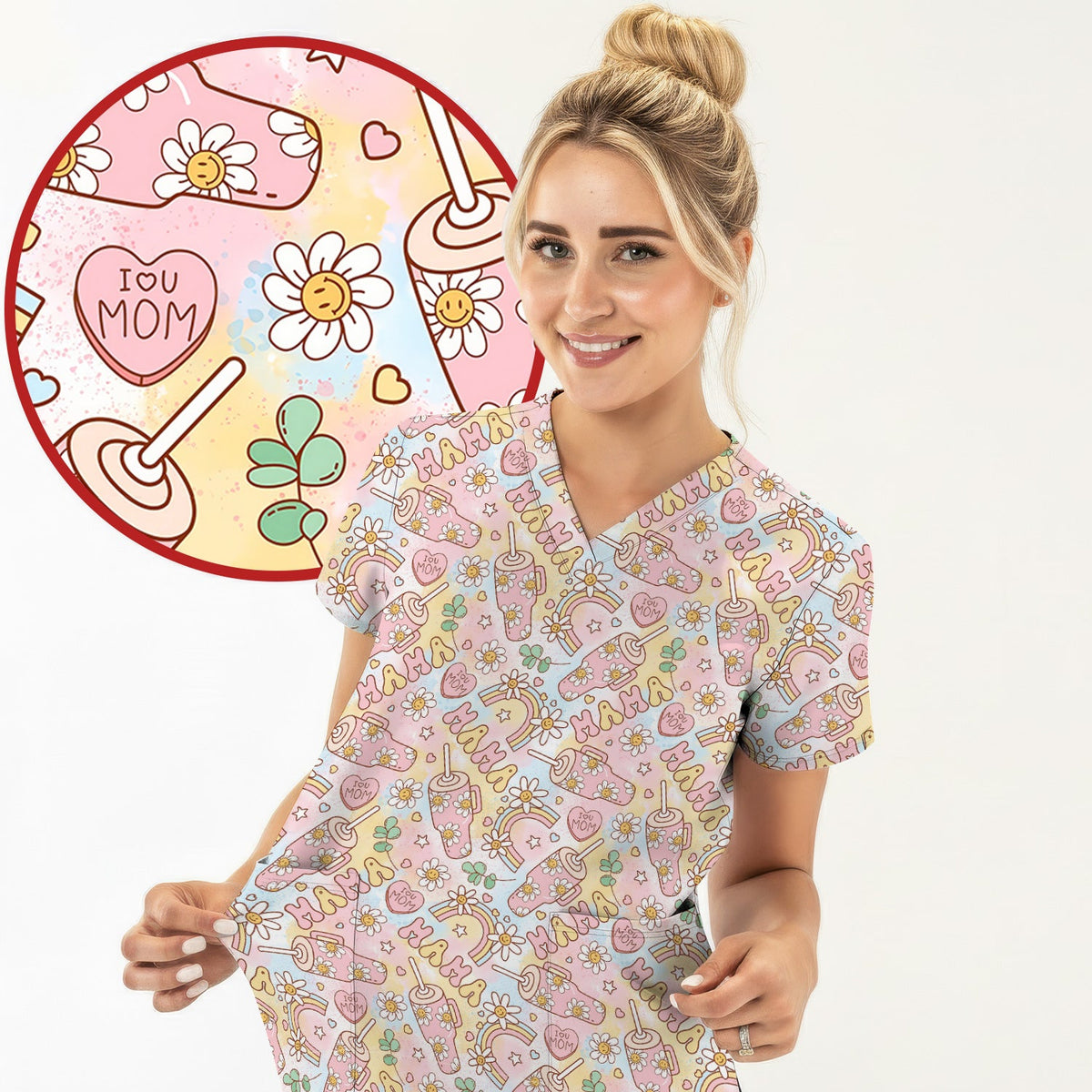 Sweet Nurse Mama Daisy Rainbow Scrub Top