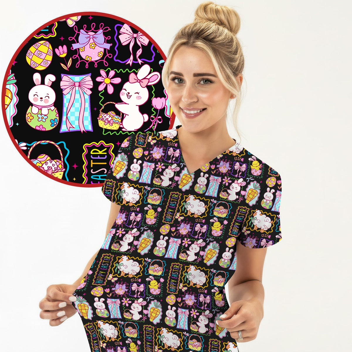 Cute Easter Bunny Egg and Bow Print Scrub Set, Scrub Pants and V Neck Top