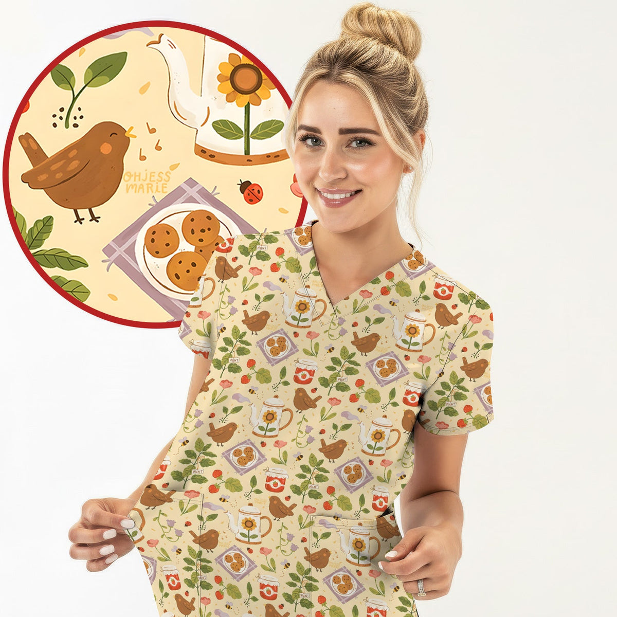 Garden Tea Bird Strawberry Nurse Scrub Top